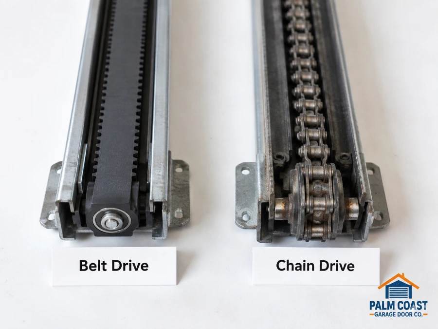 Garage Door Opener Repair & Installation in Palm Coast, FL 2 Belt drive and chain drive garage door opener rails compared for Palm Coast, FL homes by Palm Coast Garage Door Co.