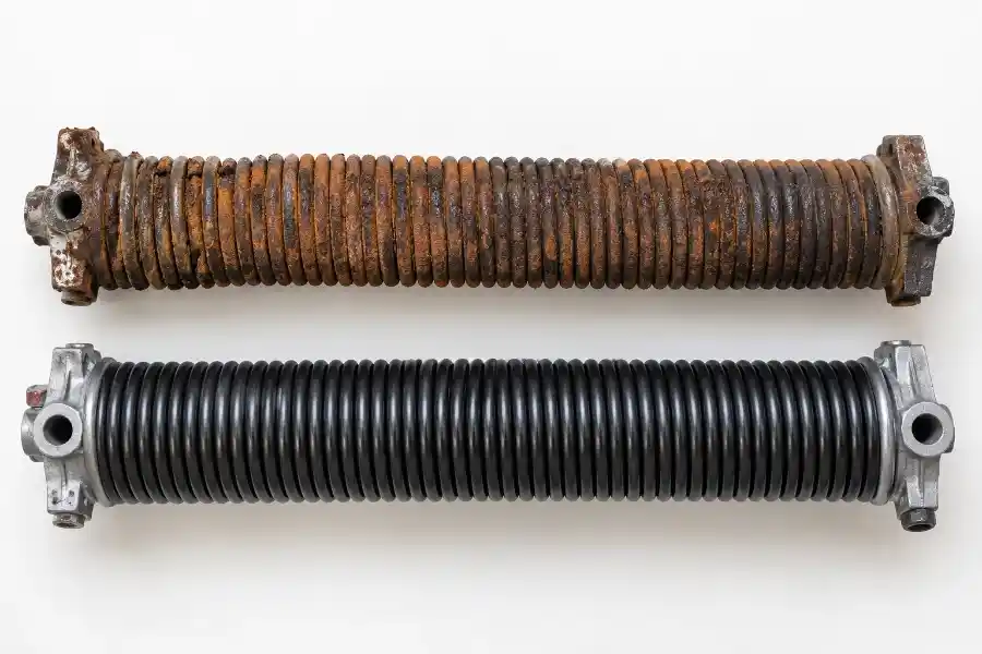 Garage Door Spring Repair & Replacement — Palm Coast, FL 2 Corroded standard torsion spring compared with a new high-cycle coastal garage door spring in Palm Coast, FL by Palm Coast Garage Door Co.