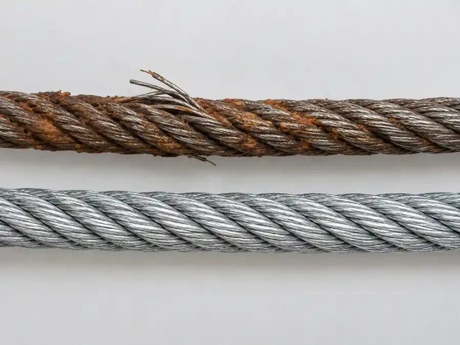 Garage Door Cable Repair & Replacement in Palm Coast, FL 2 Side-by-side comparison of a corroded standard galvanized garage door cable and a new marine-grade galvanized cable for Flagler County coastal homes, Garage Door Cable Repair Palm Coast