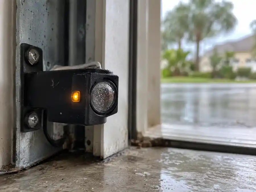 Garage door photo-eye sensor with condensation on the lens in Palm Coast, Florida, photographed for Palm Coast Garage Door Co.