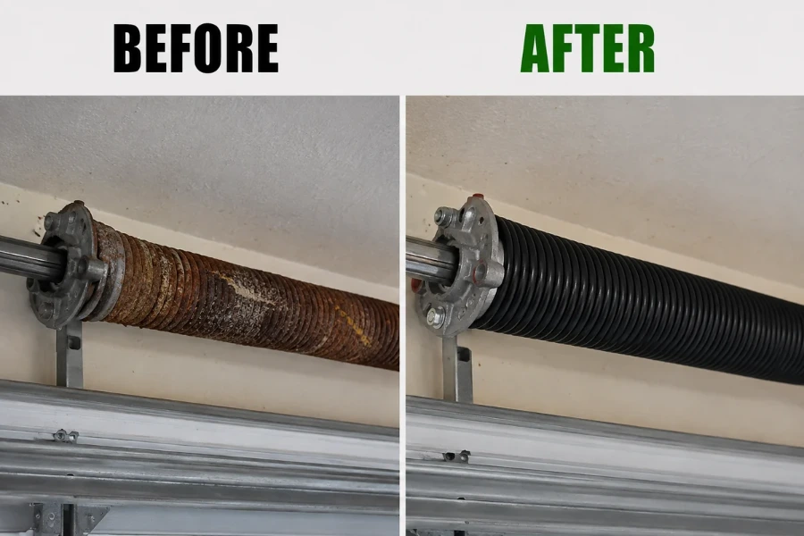 Before and after garage door torsion spring replacement in Palm Coast, FL by Palm Coast Garage Door Co.