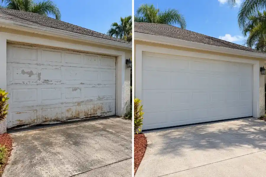 Garage Door Repair Cost in Palm Coast, FL 3 Side-by-side comparison of a heavily corroded aging garage door and a new steel replacement door on a Palm Coast FL residential home showing repair vs replace decision