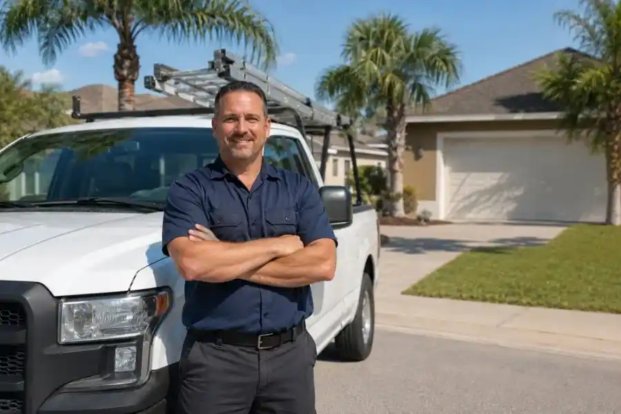 Palm Coast Garage Door Co. owner and lead technician standing beside a service truck in a Palm Coast, Florida neighborhood