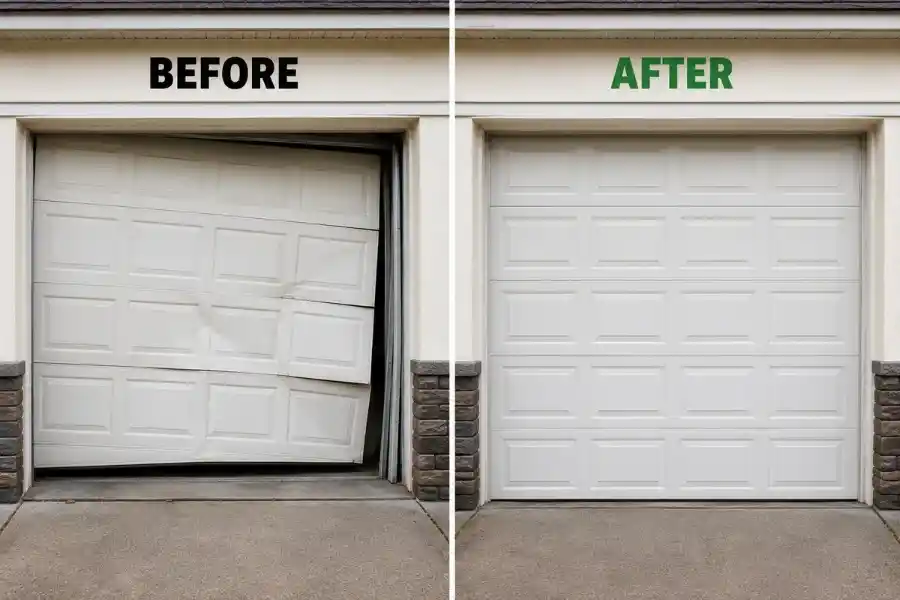 Before and after garage door panel replacement and track realignment in Palm Coast, FL by Palm Coast Garage Door Co.