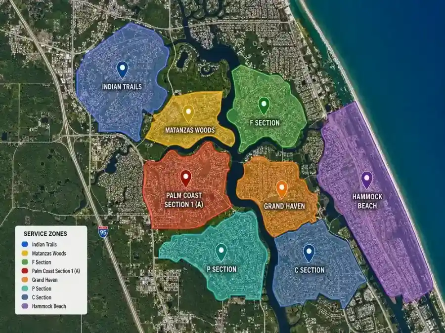 Palm Coast Garage Door Co. service area map showing Indian Trails, Matanzas Woods, F Section, Grand Haven, Hammock Beach, and other Palm Coast neighborhoods.