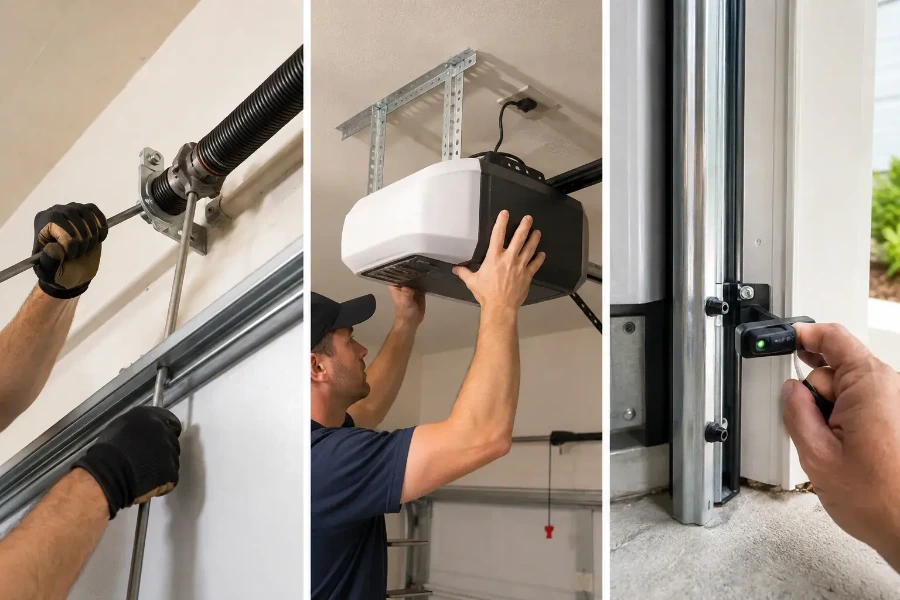 Palm Coast Garage Door Co. spring replacement, LiftMaster opener installation, and garage door sensor alignment
